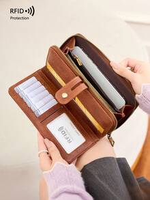 CHARM INFINITE Best-Selling RFID Anti-Theft Women's Wallet, Printed Color-Block European And American Style New Leather Clutch, Multi-Function Vintage Long Wallet - Brown - View 4