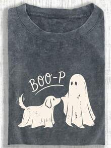 女款大尺碼「Boo-P」幽靈狗舒適水洗 T 恤，趣味萬聖節狗媽媽上衣，灰色上衣 - 鐵灰色 - 查看 5