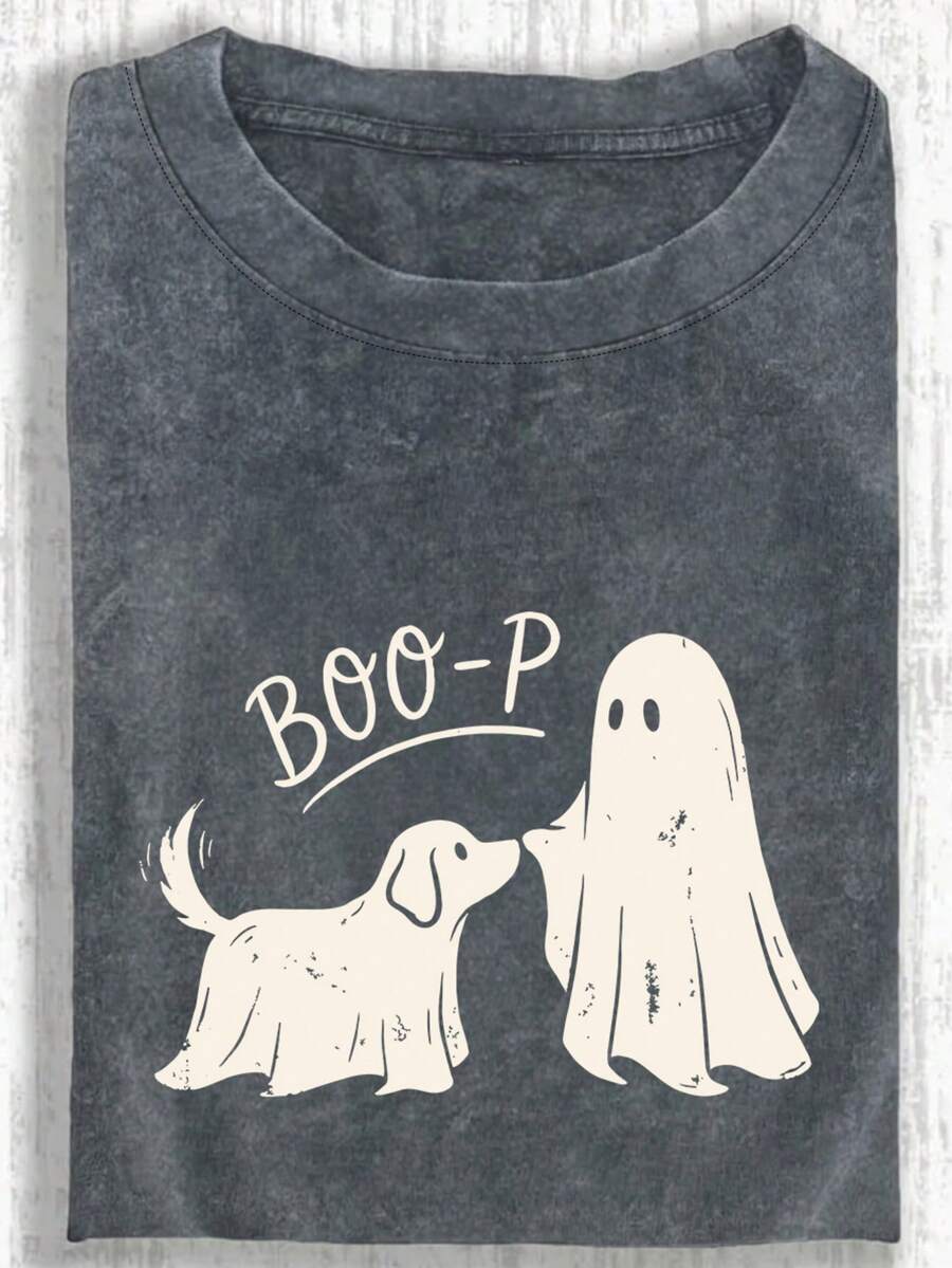 تي شيرت نسائي مقاس كبير "Boo-P" بتصميم كلب شبح مريح مغسول، تي شيرت أم كلب مرح لعيد الهالوين، ملابس علوية هالوين، ملابس علوية رمادية - رمادي حديدي - مشاهدة 1