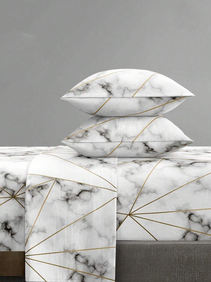 4-Piece White & Gray Marble Pattern Bed Sheet Set, Easy-Care Soft Bedding Set, Fitted Sheet Set (1 Flat Sheet + 1 Fitted Sheet + 2 Pillowcases), Fitted Sheet Set, Suitable For King, Queen, Full, Twin Sizes, Deep Pocket Fitted Sheet Design, Pillowcases Up To 11.8 Inches, Soft & Breathable, Wrinkle-Resistant, Back To School Dorm Bedding - White - View 1