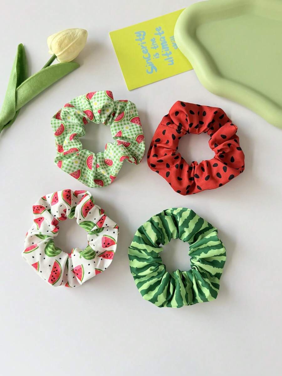 4pcs Women's Fruit Element Hair Ties, Watermelon Rind & Watermelon Flesh Fresh Pattern Design, Fashionable Hair Accessories For Bun, Ponytail, Suitable For Outdoor, Daily, Party, Travel