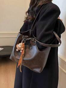 New Fashion Solid Color PU Leather Women's Shoulder Bag, Retro Handbag With Buckle And Zipper, Large Capacity Tote Bag, Suitable For Travel, Shopping - Coffee Brown - View 4