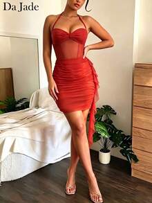 Elegant French Halter Twist Front Mesh Corset Ruched Draped Ruffle Bodycon Mini Dress Slim Fit Going Out Party Festival Formal Club Outfit Glam - Red - View 3