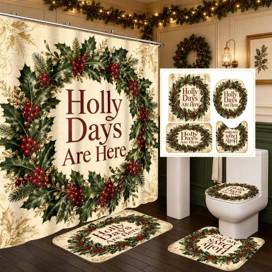 1pc/4pcs Christmas Vintage Holly Wreath Multi-Functional Bathroom Decor Shower Curtain Set, Free 12 Hooks, Premium Holiday Atmosphere, Bathroom Mat, U-Shaped Rug And Round Toilet Lid Cover, Suitable For All Christmas Scenes Decoration - Holly Wreath - View 1