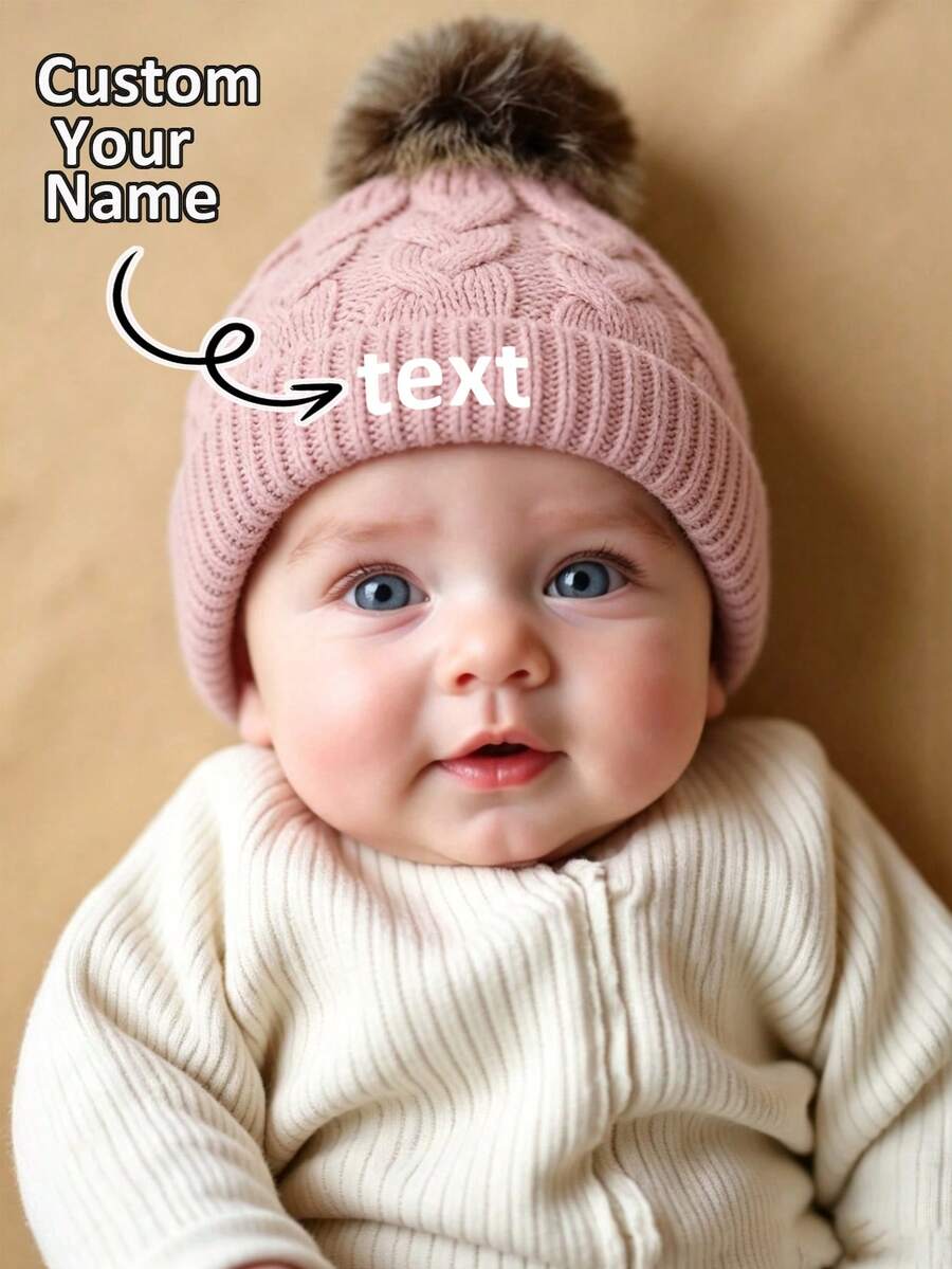 1pc Customized Printed Name Knitted Hat For Newborns, Infants And Children, With Pom Pom And Folded Brim, Warm Outdoor Knitted Hat For Autumn/Winter - Multicolor - View 1