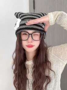 1pc Punk Gothic Y2K Cute Black & White Striped Cat Ear Knit Beanie, Women's Warm Crochet Demon Hat, Autumn/Winter - A - View 8