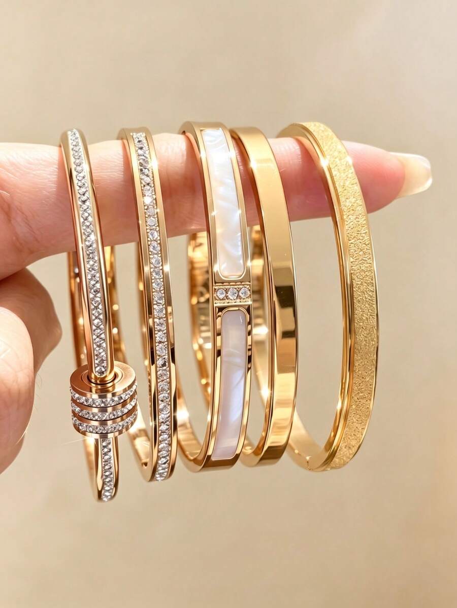 5Pcs Women Gold Stackable Bangle Set, Stainless‑Steel Multi‑Style With ...