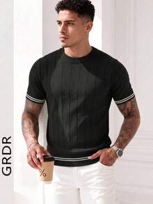 Suéter de punto de cuello redondo de manga corta ligero y acanalado para hombre de verano - Negro - Ver 3