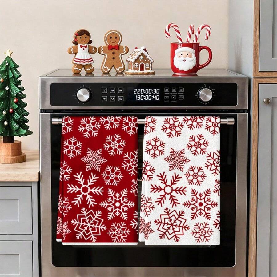 2pcs Christmas Snowflake Kitchen Dish Cloths, Red & White Snowflake Pattern Dish Towels, Holiday Winter Home Decor Kitchen Hand Towels