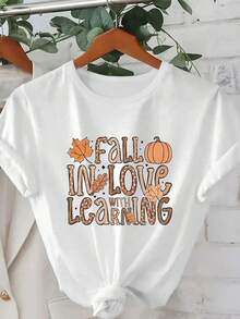 Plus Size Women's Daily Maple Leaf Autumn Theme Prints Round Neck Short Sleeve Casual Spring/Fall/Summer Plus-Size T-Shirt Top Going Out Tops Women - White - View 4