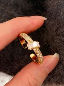 1pc Fashionable Luxury Cubic Zirconia Open Single Ring Suitable For Women's Party And Gathering Wear - Yellow Gold - View 7