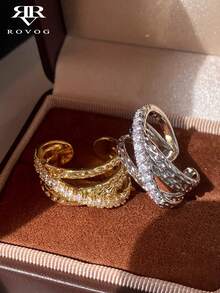 2pcs Fashion Exaggerated Cubic Zirconia Cross Ring Set Suitable For Women Party And Gathering Wear - Golden Yellow + Silver - View 1
