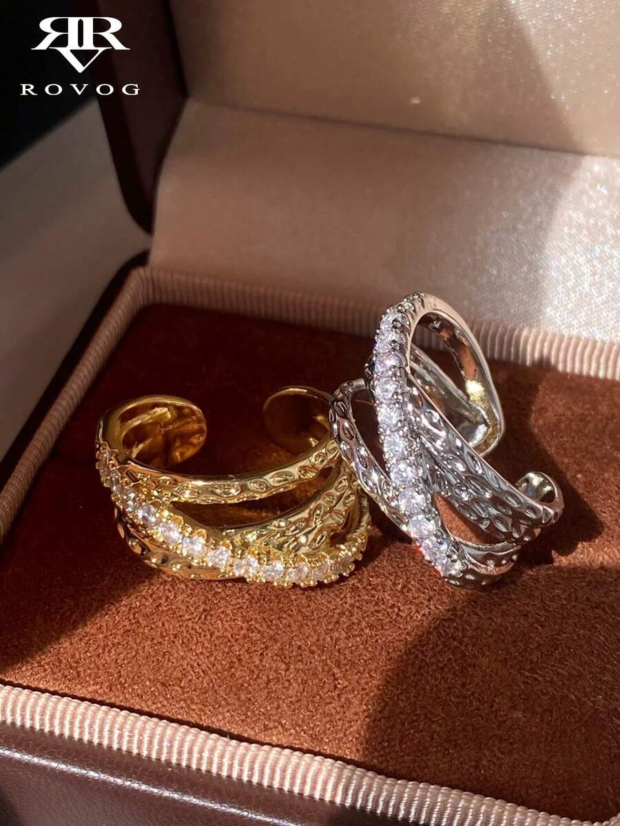 2pcs Fashion Exaggerated Cubic Zirconia Cross Ring Set Suitable For Women Party And Gathering Wear - Golden Yellow + Silver - View 1