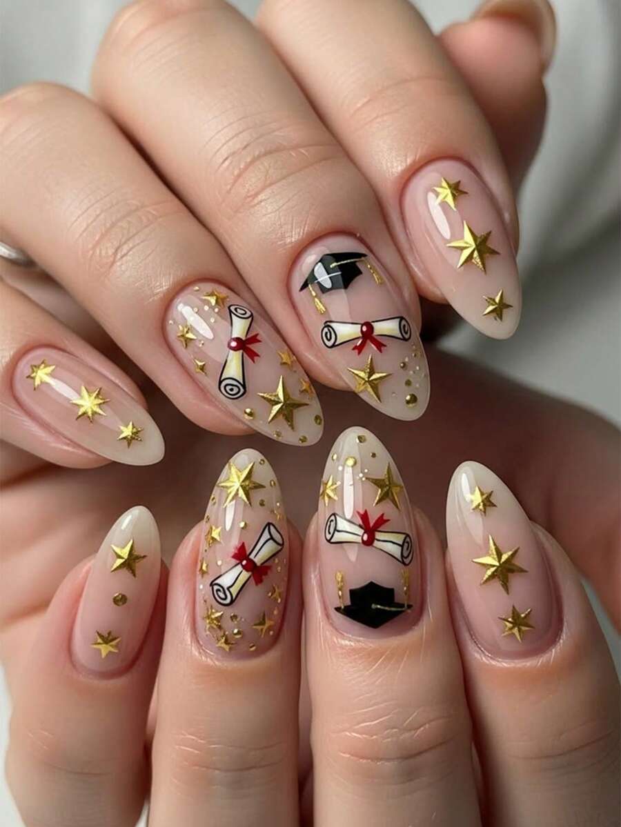 24pcs Graduation Cap Diploma Star Almond Shaped Press-On Nails, Graduation Party Commemorative Fake Nails With Full Tool Set, Reusable Nail Tips - Multicolor - View 1