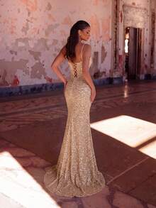 ADYCE Elegant Luxury Spaghetti Strap Waisted Backless Bodycon Tie-Back Sequin Fishbone High-Slit Prom Gown Homecoming Wedding Guest Formal Dinner Birthday - Champagne - View 2