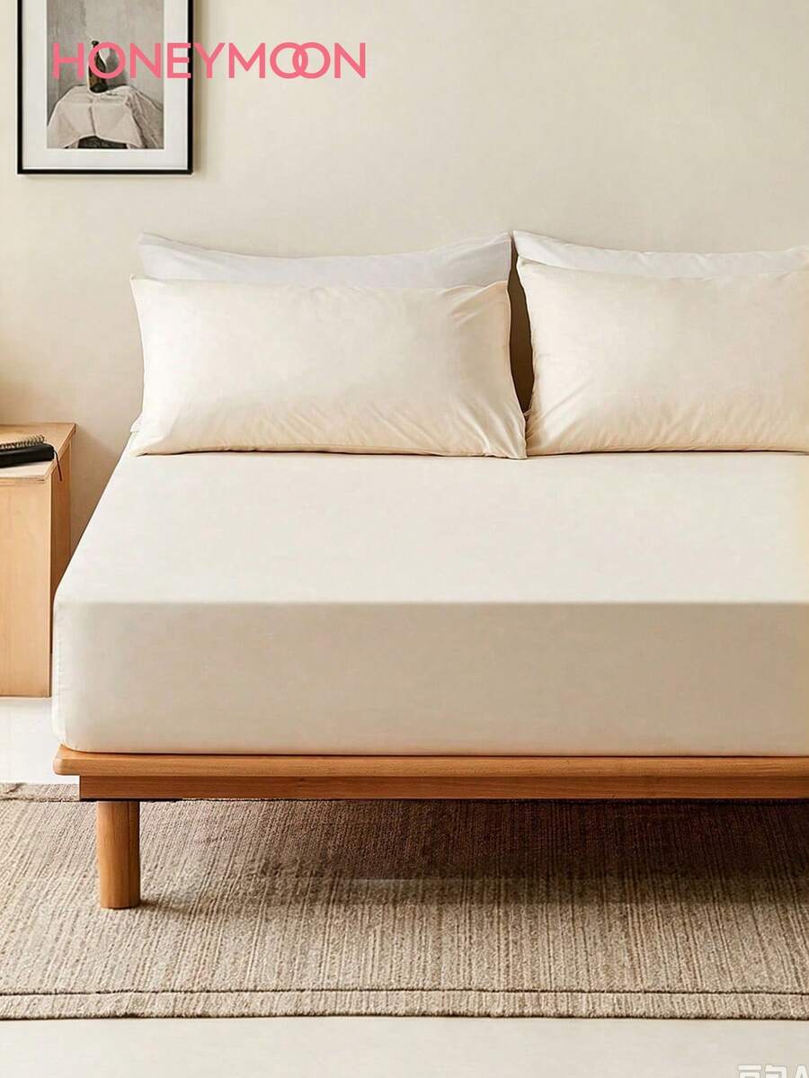 HONEYMOON 1pc Soft Comfortable Solid Color Fitted Sheet, Bed Cover Protector, Lightweight Breathable, 14 Inch/35cm Deep Pocket - Hypoallergenic, Machine Washable, Fits All Bed Sizes, Suitable For Dorms And Guest Rooms (Pillowcase Not Included), Back To School Dorm Essentials, Bedding, Beige - Beige - View 1
