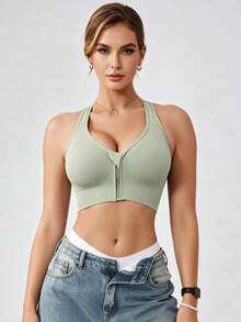 Runway Rest Women's High Intensity Front Zip Seamless Wireless Sports Bra, Suitable For Summer, Winter, Autumn And Spring - Mint Green - View 3