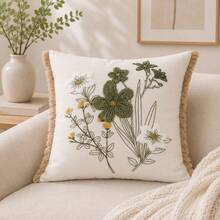 Salbeigrün Wildblumen bestickter Kissenbezug mit Quastenrand, botanischer Blumen Dekorationskissenbezug, Landhausstil Heimdekoration, geeignet für Sofa Bett Schlafzimmer, 1 Stück - Salbeigrün - Übersicht 11