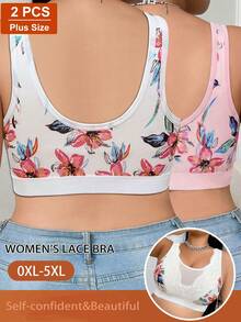 2pcs/Set Women Plus Size Casual Comfortable Minimalist Style Bra, Printed Design With Lace Patchwork, Wire-Free Soft Comfortable Lingerie - Multicolor - View 2