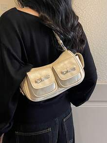 蝴蝶結貼袋裝飾肩背包，多口袋分層收納小物品，拉鍊開合，法棍腋下包，適合日常出門、約會、通勤、旅行，可調式肩帶，百搭個性化斜挎小包 - 白色 - 查看 6