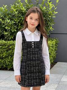 Autumn/Winter Girls Casual Cute Versatile Simple Fashion Shirt Collar Long Sleeve Colorblock Dress - Black and White - View 1