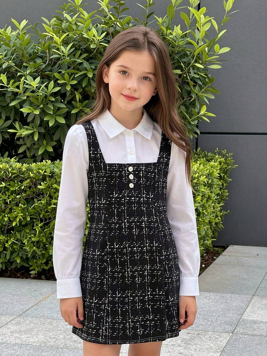 Autumn/Winter Girls Casual Cute Versatile Simple Fashion Shirt Collar Long Sleeve Colorblock Dress - Black and White - View 1