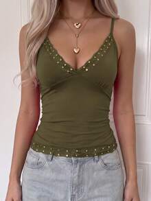 Y2K Style Solid Color Deep V-Neck Camisole Top, Sexy Hollow Lace Strap Tank Top, Suitable For Summer Beach Vacation, Music Festival And Concert Casual - Army Green - View 5