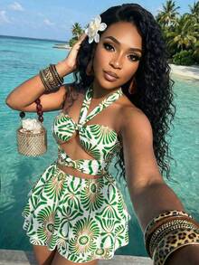 AIJ Green Floral Print Halter Cutout Mini Dress Tie Front Layered Ruffle Hem Back Tie Summer Beach Vacation Dress - White Green - View 1