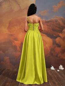 VIPGIRL Gaun Malam Formal Elegan Berpinggang Tinggi dengan Bordir Satu Bahu Terbaru - Jahe - View 2