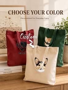 Personalized Pet Photo And Name Tote Bag, Large Capacity Shoulder Bag, Customizable Foldable Personalized Tote Bag Featured With Name Logo Text, Available In Various Colors,Solid Color Large Capacity Shoulder Bag,Suitable For Work, Travel And School,Suitable For Holidays.Ideal Gift For Birthday, Anniversary And Valentine's Day. - Multicolor - View 8
