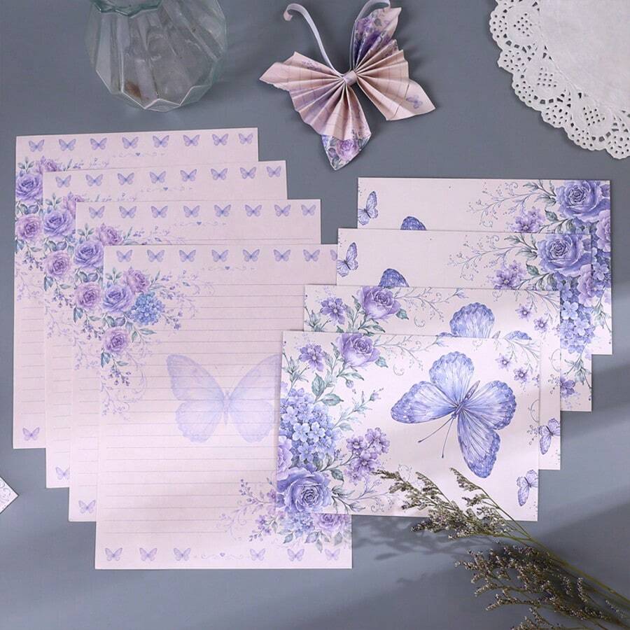 8 Pcs/Set (4 Envelopes + 4 Letter Papers) Purple Butterfly Rose Envelope Letter Paper Set, Aesthetic Floral Writing Stationery Scrapbook Paper, Decorative Invitation Kit For Birthday Wedding Holiday Party Supplies - Purple Butterfly - View 1