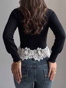 Black Fitted Knit Sweater With Elegant Lantern Sleeves And Embroidered Lace Hem Splice, Suitable For Dating, Commuting, Holidays And Parties - Black - View 6