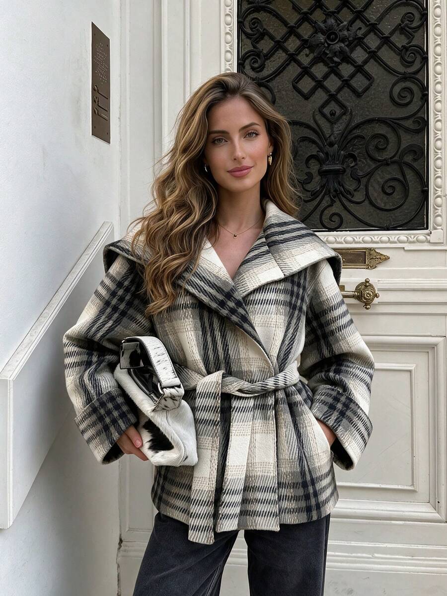2026 Autumn/Winter New British Style Elegant Casual Vintage Plaid Overcoat Women Loose Fit Versatile Wool Top - Apricot - View 1