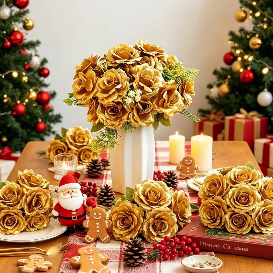 10 Artificial Roses, Wedding Decorations, Artificial Plants, Home, Restaurant, Kitchen Decorations, Holiday Party Accessories, Outdoor Garden Decorations, Christmas Decorations, Winter Decorations, Back-To-School Season. - Gold - View 1