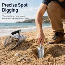 Sand Scoop For Metal Detecting, Beach Sand Sifter With 3-Part Long Handle, 8mm Hex Mesh Holes, Hand Trowel Included For Underwater Treasure Hunting, Coin Recovery & Beach Searching - A - View 4