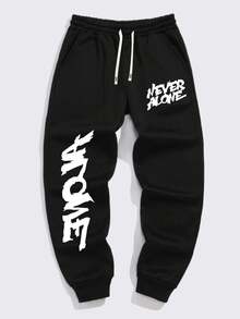 Men's Plus Size Autumn/Winter Creative "NEVER ALONE" English Graphic Print Casual Drawstring Sweatpants - Black - View 2