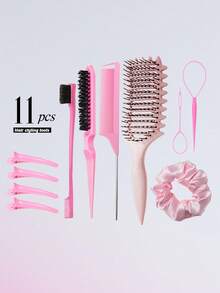 11pcs Curl Defining Brush Set, Hollow Bouncy Comb, Teasing, Rat Tail Comb, Edge Brush, Clip, Braiding Tool, Suitable For Daily - Multicolor - View 3