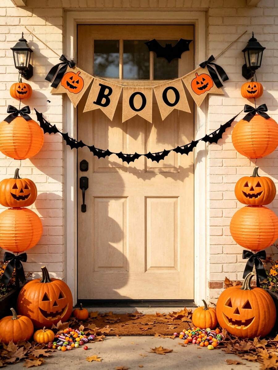 1set Of Halloween Linen Decorative Banners Featuring "BOO" And Pumpkin Designs-Perfect For Halloween Decor, Party Setups, Festive Displays, And Creating A Holiday Atmosphere. Ideal For Halloween Decorations, Home Styling, And Themed Parties. - Multicolor - View 1