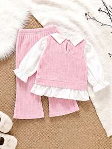 Infant Girl Pink Bow 2 In 1 Set, Lapel Petal Sleeve Patchwork Top With Ribbed Flared Long Pants, Sweet Princess Style Versatile Outfit For Spring And Autumn - Pink - View 2