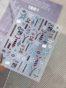 1pc 5D Full Nail Sticker Embossed Vintage Collegiate Style Bear Denim Star Bow Tie Zipper Badge Pattern Waterproof Self-Adhesive Nail Art Sticker Suitable For Back To School Season Daily Party DIY Manicure - Multicolor - View 7
