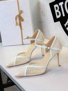 European And American Style Sexy Party High Heel Women's Shoes With Single Strap Pointed Toe Stiletto Heel Premium Lace Mesh Pumps - White - View 6