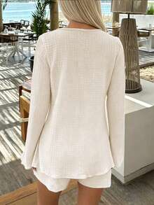 Women's Summer Vacation Style Minimalist Solid Color Textured Fabric Bell Sleeve Front Tie Top And Super Tight Shorts Set Elegant, Resort Wear - Apricot - View 4