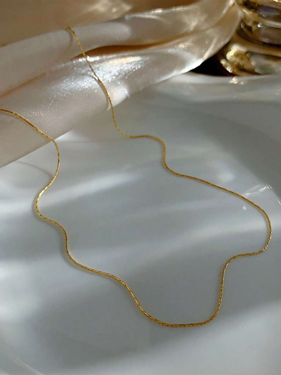 1pc Minimalist Premium Gold-Tone Stainless Steel Thin Chain Necklace With Clasp, Versatile Jewelry For Women's Daily Commute And Gift - Yellow Gold - View 1
