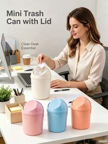 Plastic Mini Trash Can With Swing Lid, Mini Desktop Trash Can, Suitable For Office, Kitchen, Vanity, Bedroom, Bathroom - Multicolor - View 5