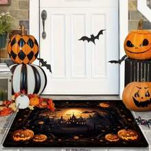 1pc Modern Elegant Long Runner Rug, Autumn Harvest Pumpkin Illustration Print Carpet, Flannel Material, Entryway-Porch Mat, Hallway Rug, Bedroom, Kitchen, Bathroom - Multi-Purpose Decorative Carpet, Living Room Rug - Dark Grey - View 4