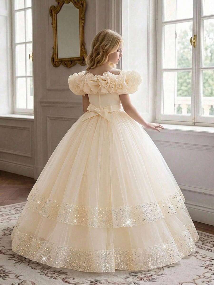 Tween Girls Sleeveless Pleated Organza Sequin Mesh Long Birthday Flower Girl Dress, Suitable For Graduation Prom, Headband Not Included - Champagne - View 1
