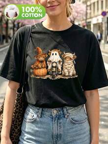 Retro-Style Plus-Size Black Casual T-Shirt Featuring An Embossed Halloween Design (Calf, Pumpkin, And Ghost); Madeof100% Cotton; Perfect For Halloween - Black - View 8