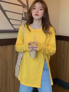 Kaos Lengan Panjang Minimalis Warna Polos untuk Wanita, Belahan Samping, Atasan Longgar yang Melangsingkan, Cocok untuk Awal Musim Gugur, Lapisan Dasar Kasual. - Kuning - View 5