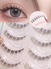 5 Pairs Airy Manga Little Devil False Eyelashes, Natural Air‑Light Clear Thin Band Strip Lashes, Soft Comfortable Reusable Handmade Eye Lashes For Daily Eye Makeup - Black - View 12