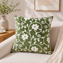 橄欖綠花卉刺繡天鵝絨抱枕套，復古植物裝飾沙發/床用抱枕套，舒適居家裝飾 - Green - 查看 7